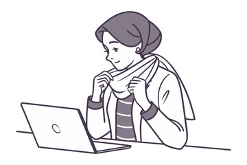 A young woman wearing a hijab adjusts her scarf while working on a laptop computer at a desk