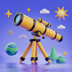 A yellow telescope on a tripod aimed at the sky, surrounded by stars, planets, clouds, and a sun on a purple background in a playful 3D style. AI generated.