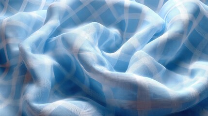 Obraz premium Close-up of a light blue fabric with a checkered pattern. the fabric appears to be made of a soft, silky material and has a subtle texture.