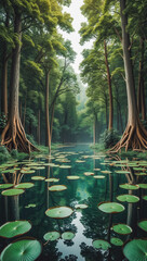 Tranquil Forest Pond with Lily Pads