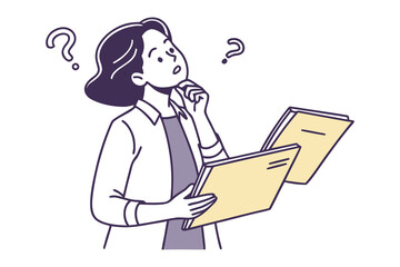 A confused woman holding folders and looking up at question marks contemplating a difficult decision or problem