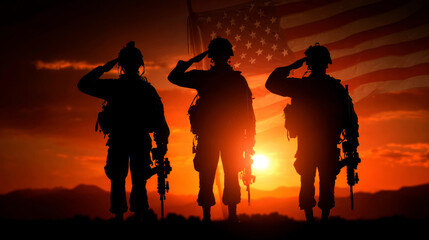 Three soldiers give salute with respect and pride against backdrop of flag