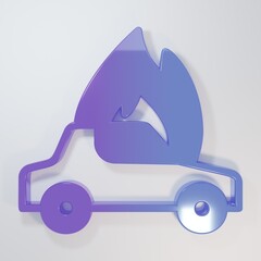Purple-blue Burning car icon isolated on grey background. Car on fire. Broken auto covered with fire and smoke. Minimalism concept. 3D render illustration