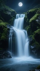 Fototapeta premium Moonlit Waterfall Cascading Through Mossy Rocks