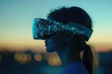 Woman wearing VR headset experiencing immersive digital network visualization at sunset.