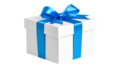 Elegant Gift Box Adorned with Soft Blue Ribbon on White Surface