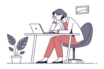 Frustrated woman sitting at desk with laptop experiencing burnout or creative block while working in office