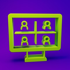 Green Video chat conference icon isolated on purple-blue background. Online meeting work form home. Remote project management. Minimalism concept. 3D render illustration