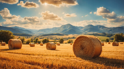 Fototapeta premium Golden Hay Bales in a Scenic Mountain Landscape