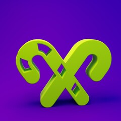 Green Christmas candy cane with stripes icon isolated on purple-blue background. Merry Christmas and Happy New Year. Minimalism concept. 3D render illustration