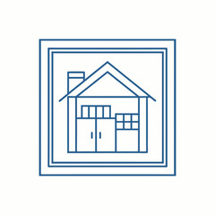 Minimalist outlined house icon inside geometric square frame, modern real estate logo template, clean line architecture symbol vector illustration