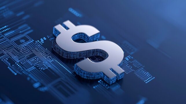 Futuristic double exposure photo of a dollar sign ($) surrounded by digital data lines, overlaid with cyber cityscape, symbolizing advanced currency exchange, dark blue background - Powered by Adobe
