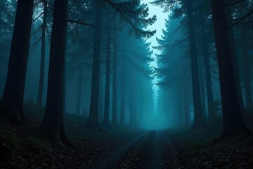 Naklejka premium Shadowy Twilight Forest Fog, Mystery, and Hidden Surveillance - Perfect for Thriller, Espionage, or Suspense Film Projects
