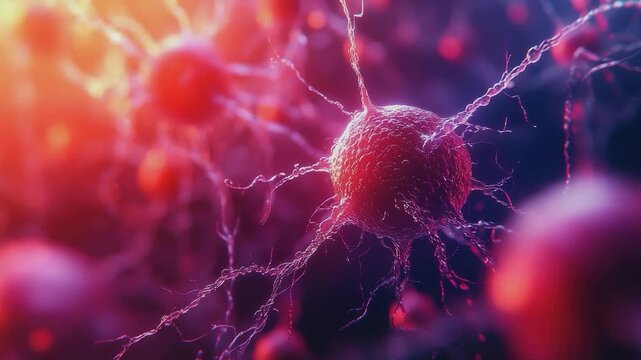 Cancer Cell Microscopic View: A detailed microscopic view of a single cancer cell with its intricate network of dendrites, surrounded by other cells in a vibrant, stylized rendering.