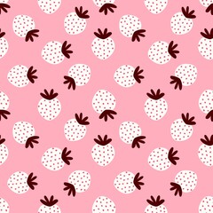 Cute strawberry pattern with white berry and red dots on pink background. Perfect for sweet-themed designs, fabric, and kids’ products.