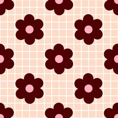 Retro flower pattern with dark red petals and pink centers on beige grid background. Ideal for vintage-themed designs, fabric, and wrapping paper.