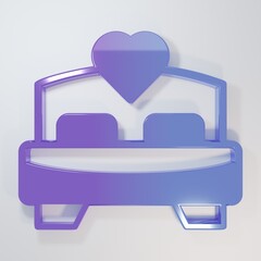Purple-blue Bedroom icon isolated on grey background. Wedding, love, marriage symbol. Bedroom creative icon from honeymoon collection. Minimalism concept. 3D render illustration