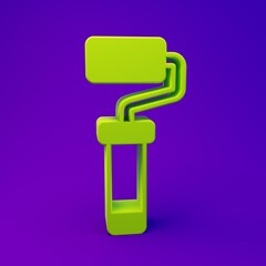 Green Paint roller brush icon isolated on purple-blue background. Minimalism concept. 3D render illustration