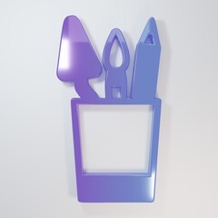 Purple-blue Pencil case stationery icon isolated on grey background. Pencil, pen, ruler in a glass for office. Minimalism concept. 3D render illustration