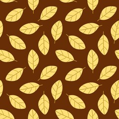 Autumn leaf pattern with yellow leaves on brown background. Ideal for fall-themed designs, fabric, wrapping paper, and seasonal decorations.
