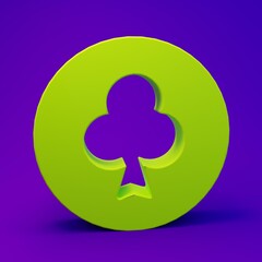 Green Playing card with clubs symbol icon isolated on purple-blue background. Casino gambling. Minimalism concept. 3D render illustration