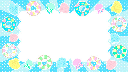 ブルーのサンバーストにドットの背景に浮き輪と貝殻とクラゲをあしらった夏のイメージの背景イラスト素材