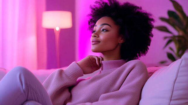 A young woman with curly hair sits on a couch, lost in thought under soft pink lighting