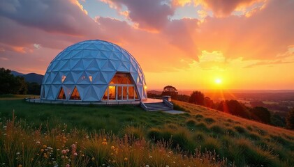 Obraz premium Majestic Geodesic Dome at Sunset Long Shadows Across Peaceful Landscape, Architectural Travel Photography