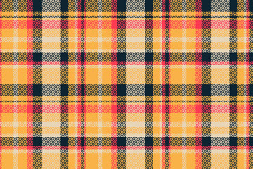 Warm plaid pattern featuring yellow, orange, pink and navy blue hues. Cozy, classic design ideal for backgrounds, textiles, or festive seasonal projects.
