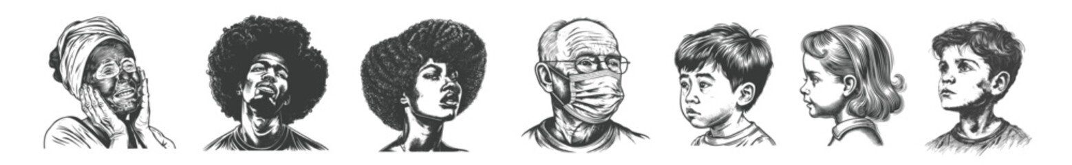 Hand-Drawn Diverse Character Portraits, A collection of hand-drawn character portraits in profile (side view), featuring diverse individuals of different ages, genders, and hairstyles