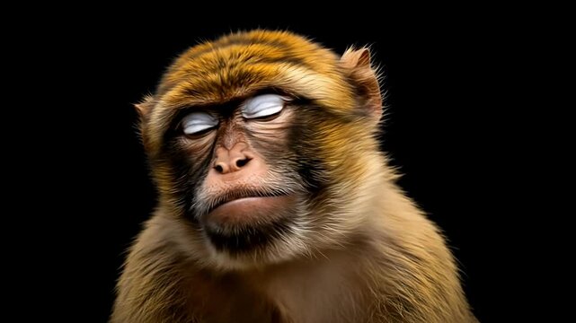 Funny Hyper-Realistic Cinematic Video Portrait of Smiling Barbary Macaque Monkey with Cheeky Grin, Natural Eye Blinks and Head Movements, Isolated on Black for Editorial Animal Stock Footage