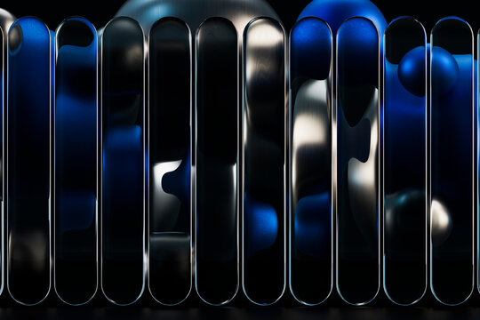 Abstract 3D composition with fluted glass and metal elements in blue and gold tones