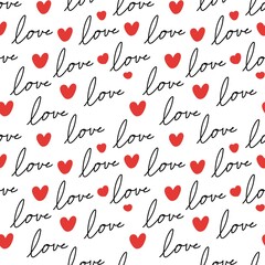 Romantic love pattern with handwritten text and red hearts on white background. Perfect for Valentine’s Day, cards, wrapping, and romantic designs.