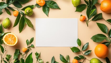 Blank paper surrounded by citrus fruits and leaves on a beige background