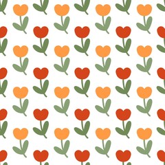 Cute tulip flower pattern with red and orange blooms on white background. Perfect for spring design, fabric, and wrapping paper.