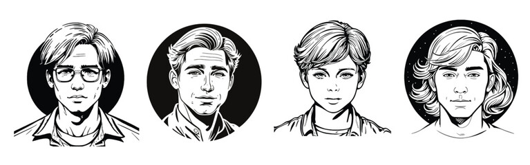 Hand-Drawn Male Portraits in Black and White – Vector Illustration Set