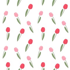 Seamless pattern of red tulip flowers on white background 