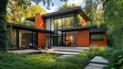 Architecturally sleek home exterior featuring heat pump, sustainable materials, and modern design elements surrounded by green vegetation
