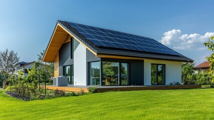 Beautiful smart home with solar panels soaking up sunlight, heat pump unit discreetly installed, and lush green yard under a clear sky