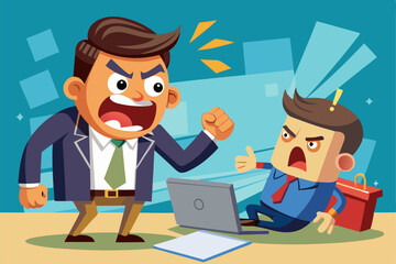 Boss character yelling at a worker. Vector illustration depicting workplace conflict, stress, and power dynamics. Ideal for business and office-themed designs.