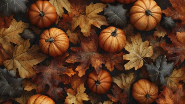 Small pumpkins sit atop a pile of fallen leaves, perfect for autumnal or harvest-themed compositions