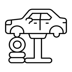 Car vehicle on lift with tires thin line icon, car service concept. Vector graphics. Lift with automobile, chassis repair sign on white background, style mobile or design.