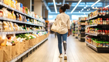 Person with a leg prosthetic walking confidently down a grocery store aisle with a reusable shopping bag