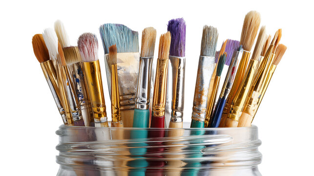A glass jar overflowing with a collection of well-used paintbrushes of varying sizes and colors, set  isolated on transparent background. brushes show signs of paint
