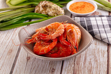 Delicous boiled tiger prawn with sauce