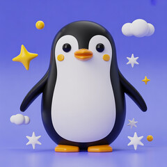 A cute cartoon penguin stands smiling on a purple background, surrounded by stars, clouds, and floating orbs in a whimsical 3D style.  AI generated.