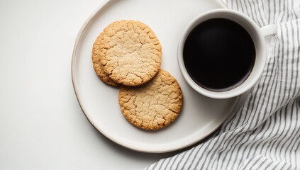Two cookies and a cup of coffee on a plate,  on a striped cloth