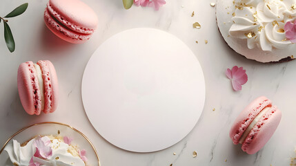 Elegant Gourmet Dessert Shop Menu Mockup with Macarons and Cake on Neutral Background