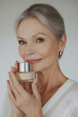 Mature Skincare Model Showcases Premium Anti-Aging Cream with Elegant Soft-Focus Lighting