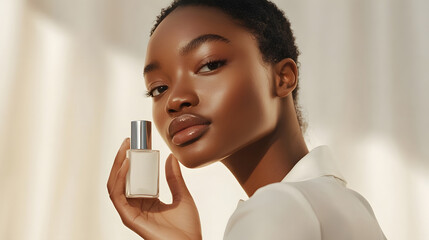 Minimalist Beauty Shot of Model Showcasing Skincare Bottle with Clean Branding Concept